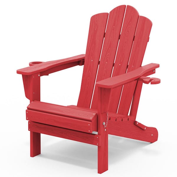 Classic Outdoor HDPE Folding Plastic Adirondack Chair with 2 Cup Holders in Bright Red (Set of 1)