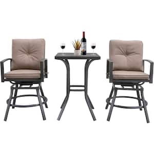 Modern 3-Piece Black Metal Outdoor Serving Bar Set with 360-Degree Swivel Bar Stool and High Elastic Brown Seat Cushions