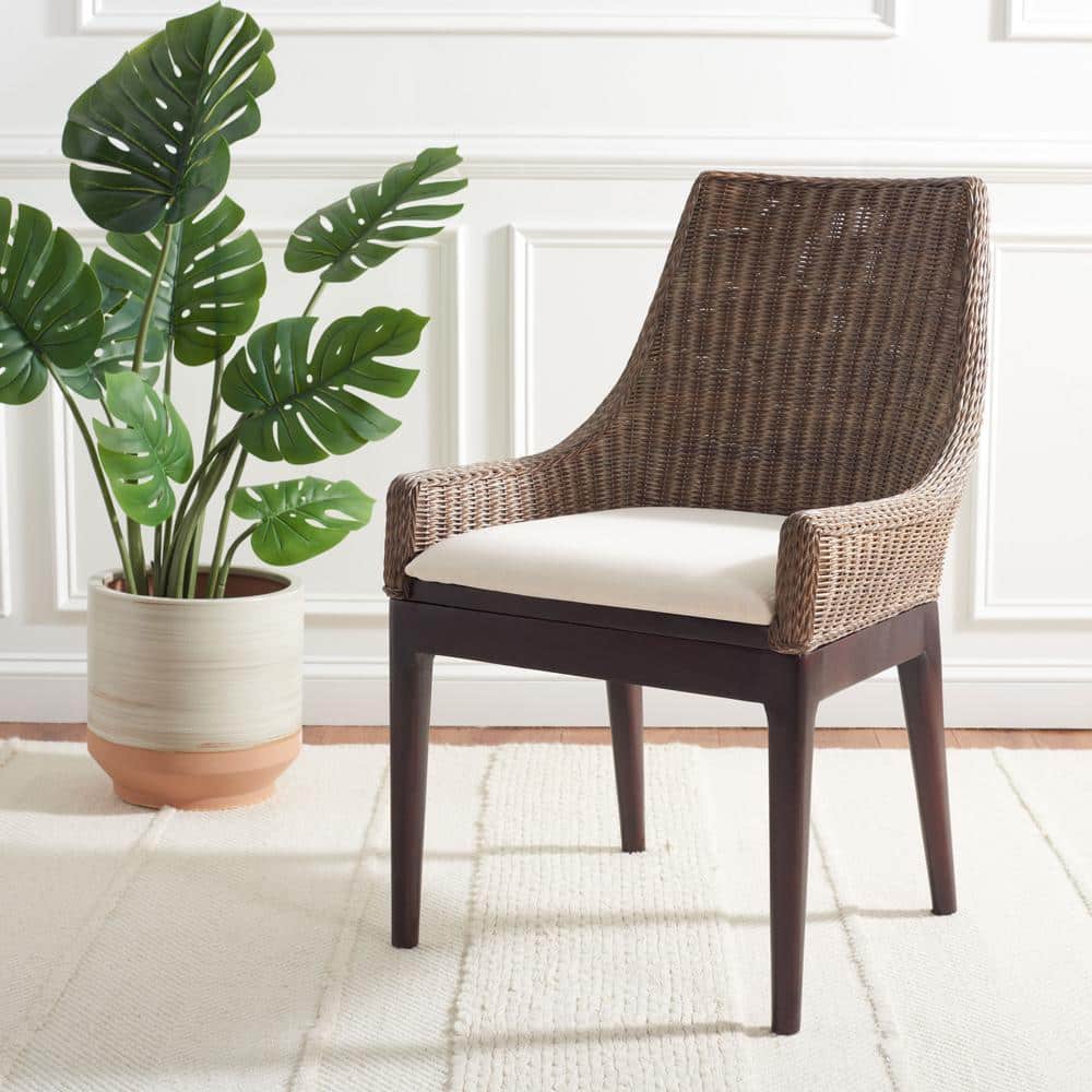 Zen Coastal Cream Woven Accent Chair with Mahogany Legs