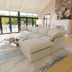 162.61 in. Flared Arm 5-Seater Linen L-Shaped Down-Filled Modular Free Combination Sofa with Ottoman in Beige