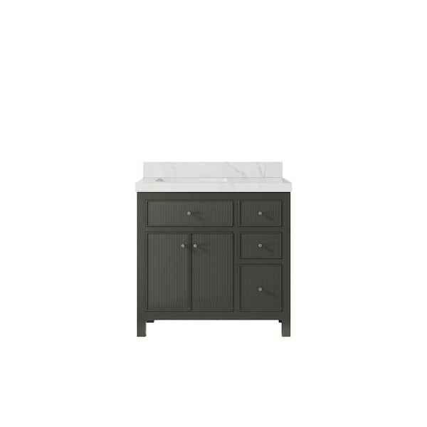 Sonoma 36 in. W x 22 in. D x 36 in. H Left Sink Bath Vanity in Pewter Green with 2 in. Calacatta Sienna Qt. Top