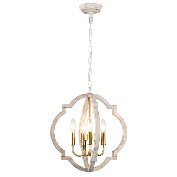 4-Light Dimmable Gold Distressed Wood Farmhouse Country Geometric Chandelier for Kitchen Island with No Bulbs Included