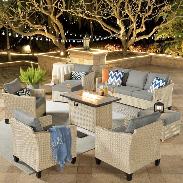weaxty W Camelia C Beige 8-Piece Wicker Patio Rectangular Fire Pit Seating Set with Dark Gray Cushions
