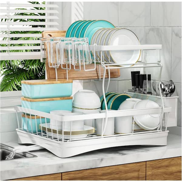 White 2 Tier Kitchen Dish Rack with Drainboard, Detachable Metal Dish Drainer with Utensil and Cup Holder