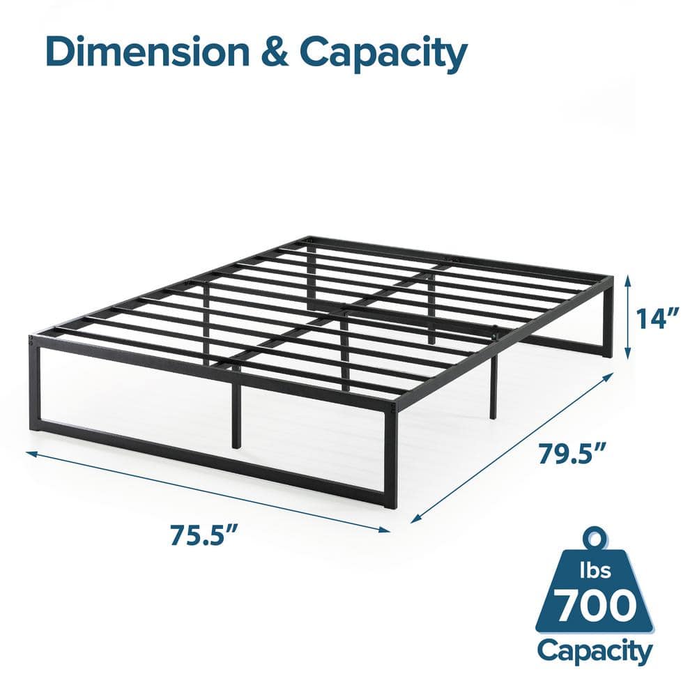 King Black Metal Frame Upholstered Platform Bed with Slats