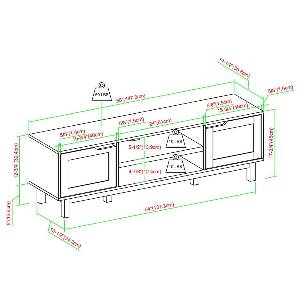 58" Solid Black Wood TV Stand with Cabinet for TVs up to 65 inches