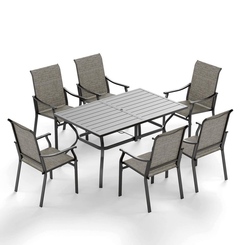 PHI VILLA Black 7-Piece Metal Slat Rectangle Table Outdoor Patio Dining Set with Textilene Chairs