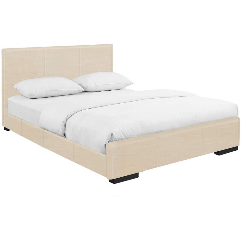 Beige King Upholstered Platform Bed with Slats