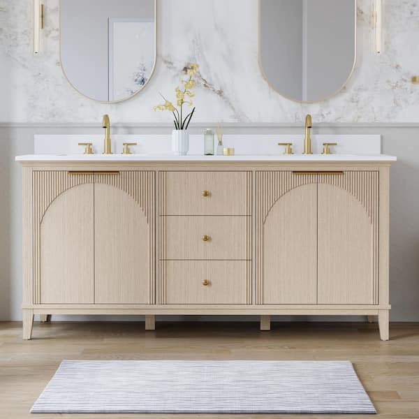 SLIVA 72 in. Freestanding OAK Solid Wood Bath Vanity with Pure White Quartz Top, Soft-Close, Backsplash, Assembled