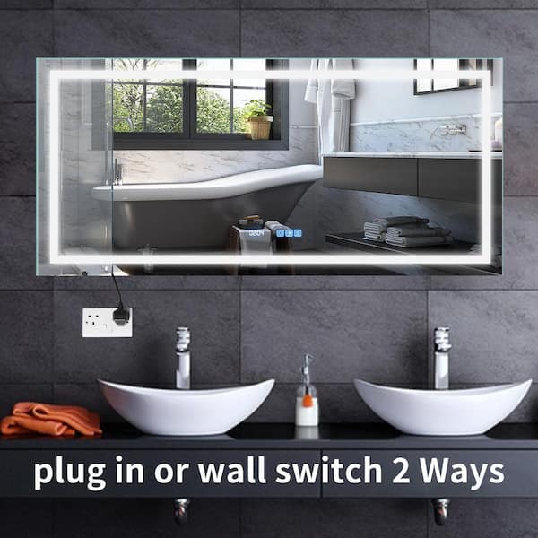 60 in. W x 28 in. H Large Rectangular Frameless Anti-Fog LED Front Lighting Wall Mount Bathroom Vanity Mirror, Silver