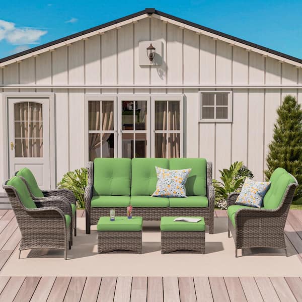 6-Piece Steel Outdoor Patio Conversation Seating Set Backyard Garden with Green Cushions