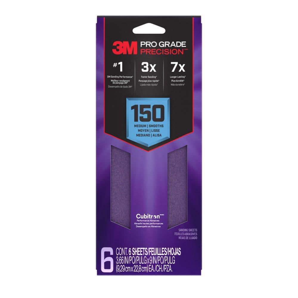 3M Pro Grade Precision 3.7 in. x 11 in. Medium 150-Grit Sheet Sandpaper (6-Sheets/Pack)