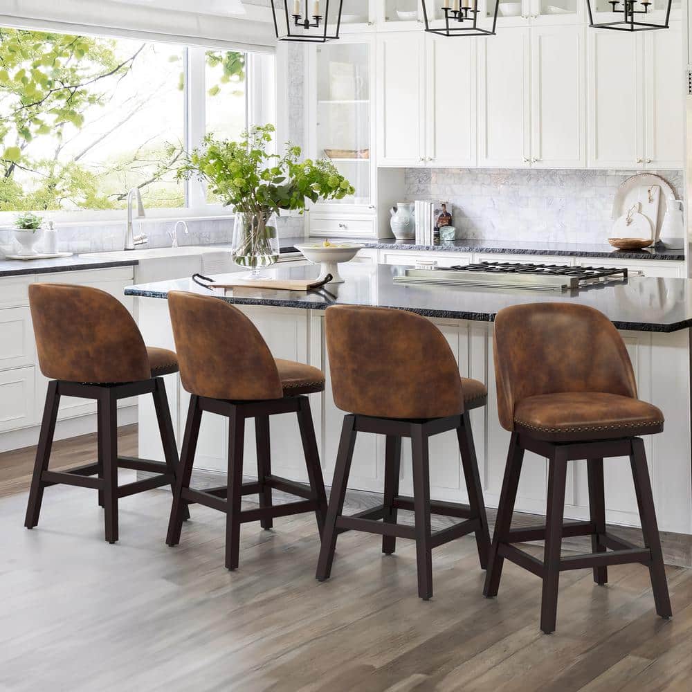 Whiskey Brown Faux Leather Swivel Counter Stools with Wood Legs, Set of 4