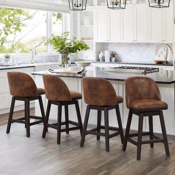 26 in. Brown Wood Frame Swivel Cushioned Bar Stool with Faux Leather, Swivel Counter Stool (Set of 4)
