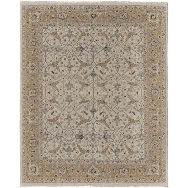 8 ft. x 12 ft. Ivory Gray and Tan Wool Oriental Hand Knotted With Fringe Area Rug