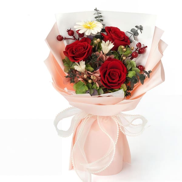 Dracelo 13 in. Red Artificial Everlasting Rose Bouquet-Includes