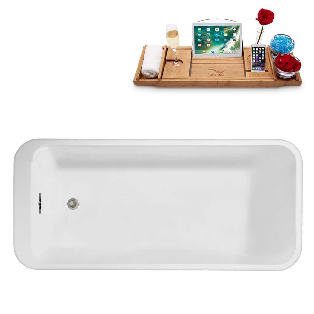 59" Glossy White Acrylic Freestanding Soaking Bathtub with Bamboo Tray