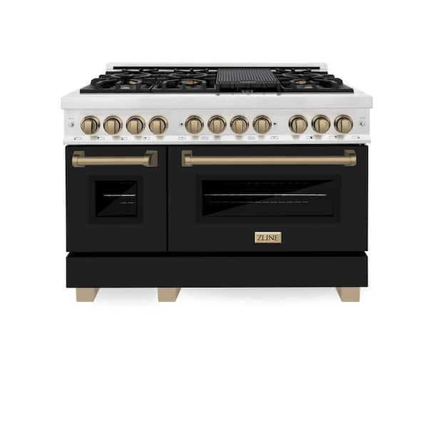 Autograph 48 in. Legacy Dual Fuel Range with 7 Burners and 2 Ovens in Satin Steel with Black and Bronze Accents
