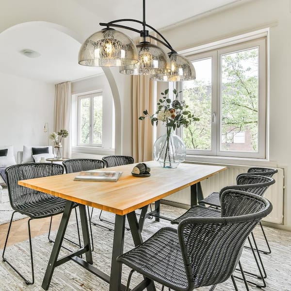 Farmhouse 3-Light Brass Island Pendant Light, Modern Black Pendant Light for Dining Room with Dome Mercury Glass