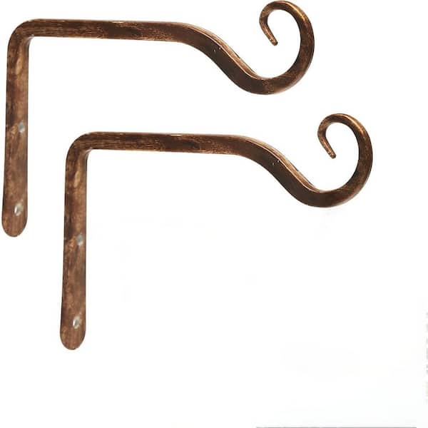 2-Pack 6 in. Rustic Metal Wall Hooks for Planters, Lanterns, Bird Feeders, Wind Chimes-Indoor Outdoor, Coffee Finish