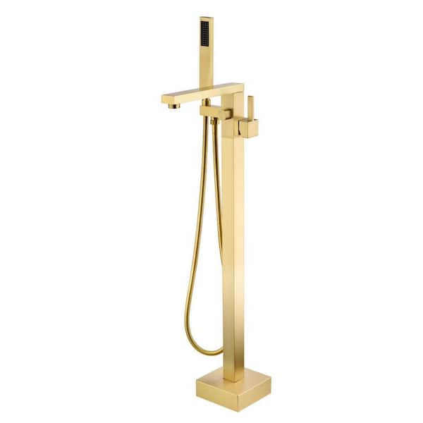 Single-Handle Freestanding Floor Mount Tub Faucet with Handheld Handshower in Brushed Gold