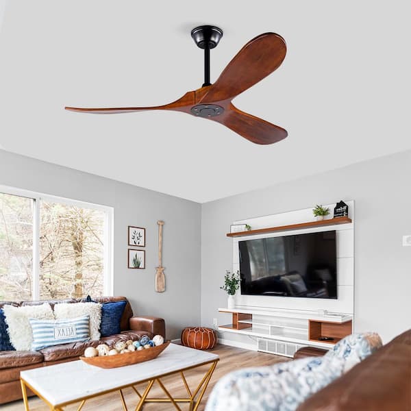 52 in. Indoor Black Reversible DC Motor Ceiling Fan with Remote Control, 3 Solid Wood Blades, No Light