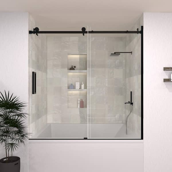 Hermitage Bath Oceanique 60 in. W x 60 in. H Sliding Semi-Frameless Tub Door in Matte Black Finish with Clear Glass