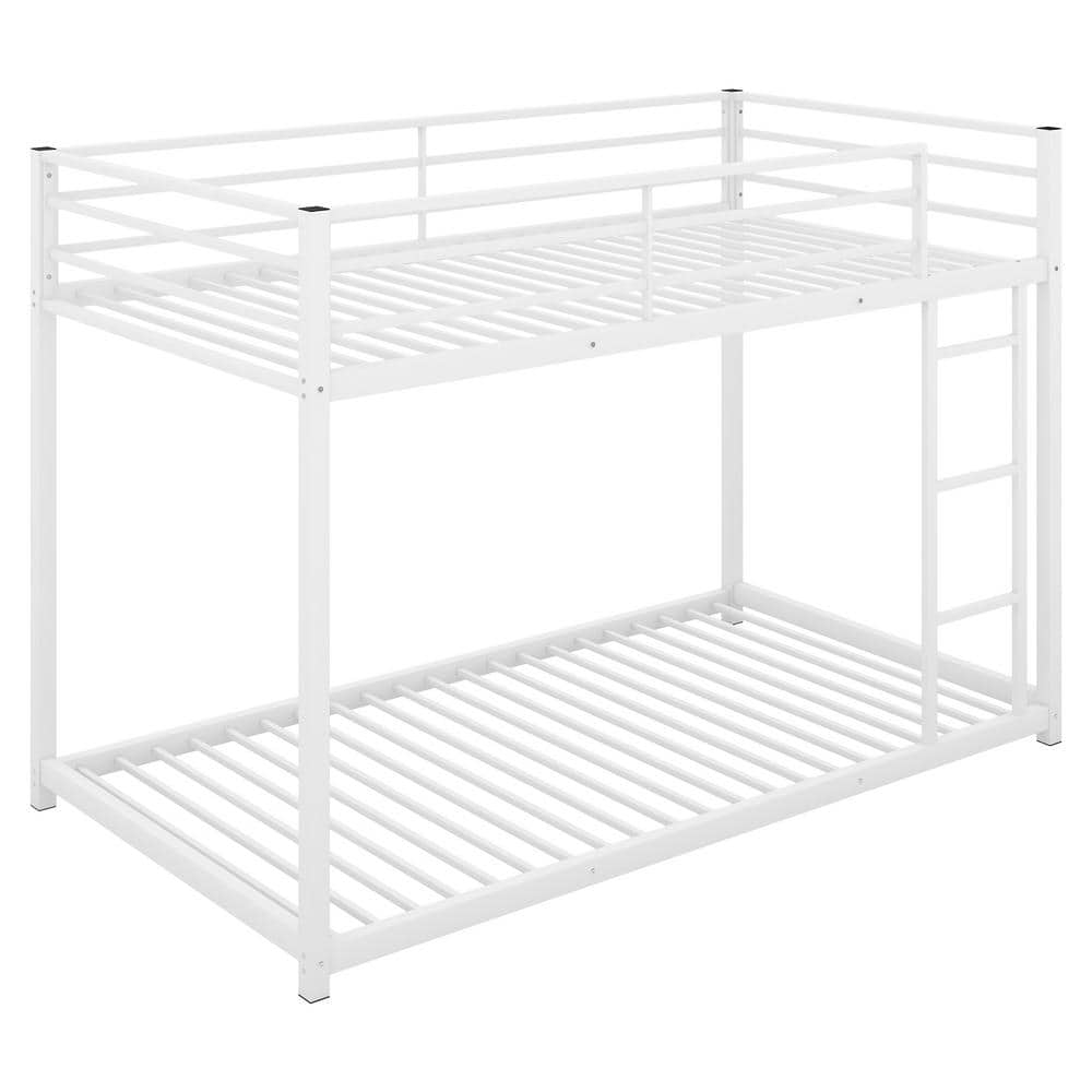 ANBAZAR White Twin Over Twin Low Bunk Bed with Ladder, Sturdy Metal Frame with Safety Rails
