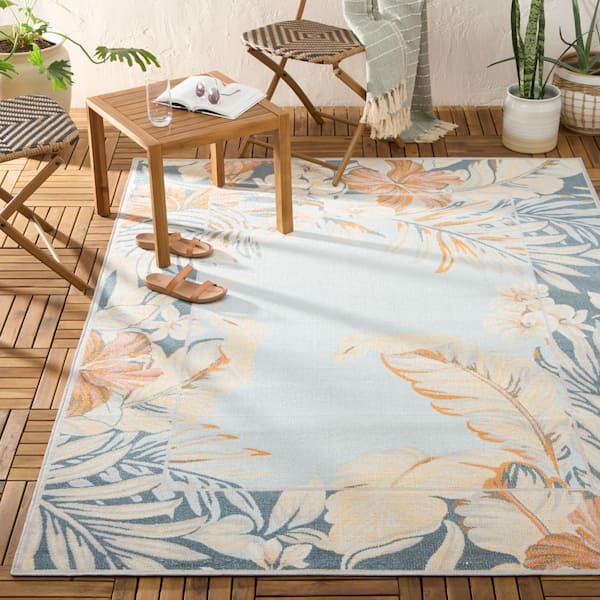 Bimini Blooming Border Blue/Grey 8 ft. x 10 ft. Indoor Outdoor Area Rug