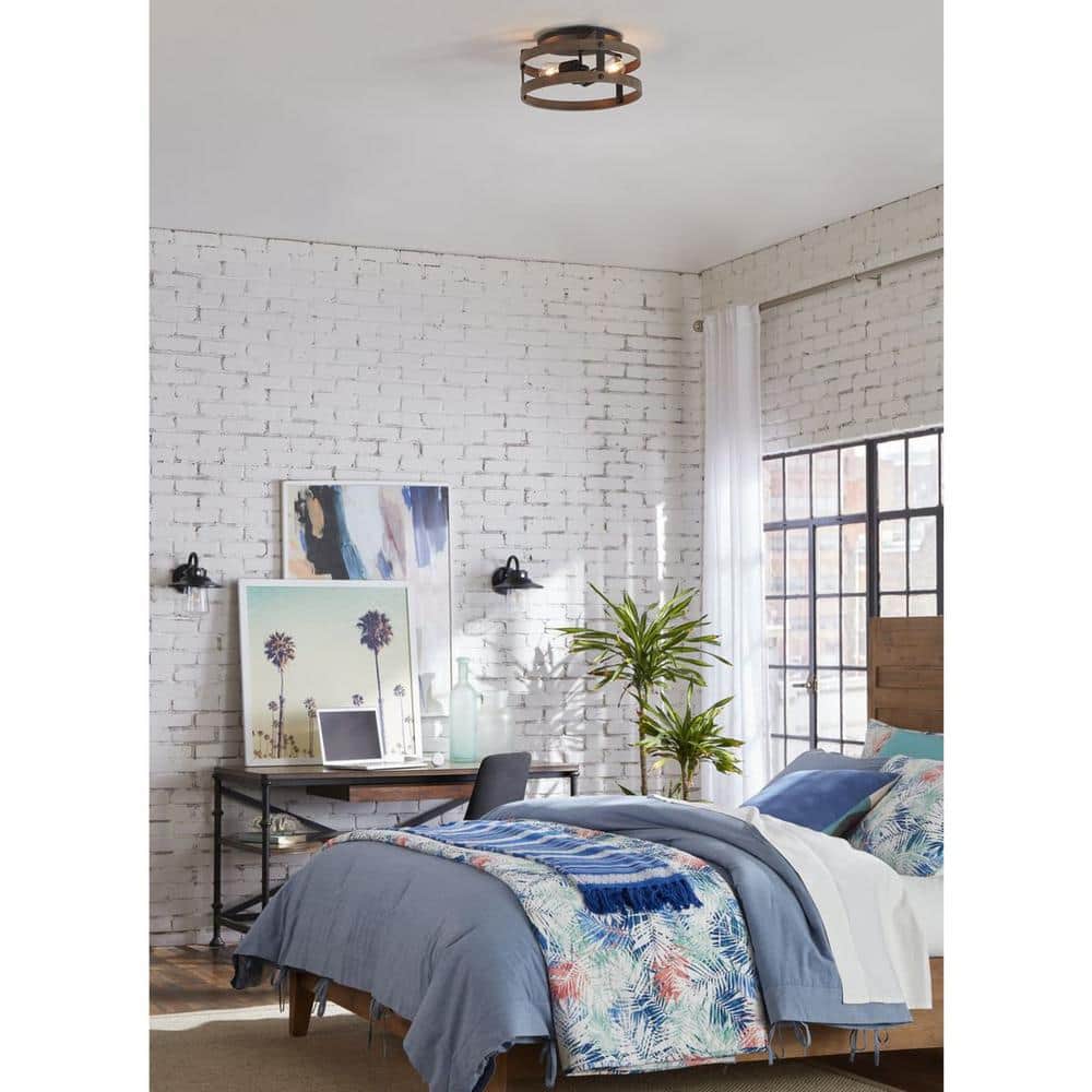 Gulliver 14'' Graphite Modern Farmhouse Flush Mount Ceiling Light with Faux-Wood Accents