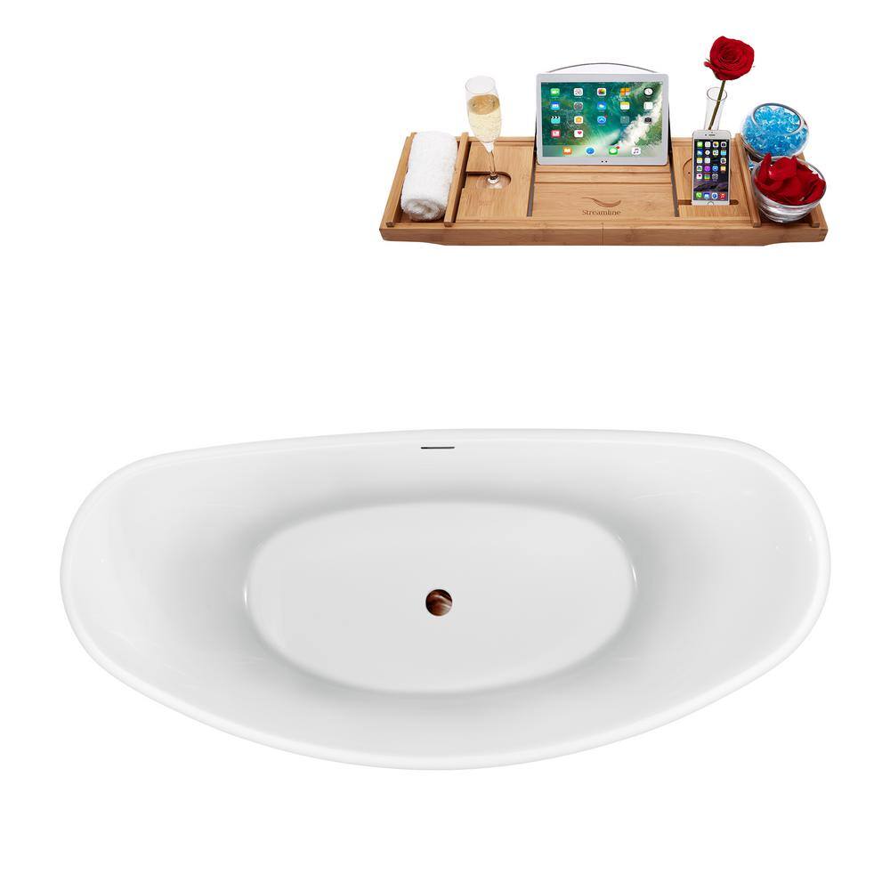 63'' Glossy White Acrylic Freestanding Clawfoot Bathtub with Bronze Drain