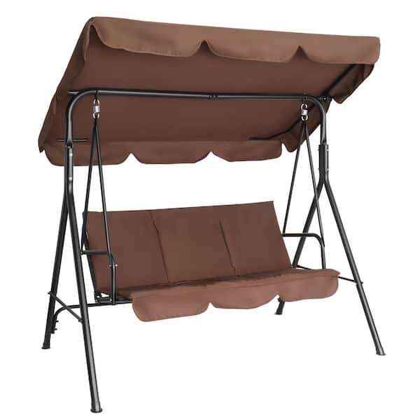 VINGLI Brown Outdoor 3-Person Metal Patio Porch Swing with Adjust Canopy and Cushions