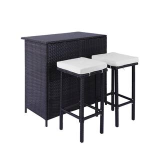 3-Piece Brown Patio Wicker Rattan Outdoor Serving Bar Set Table with 2 Beige Cushioned Stools for Outside and Backyards