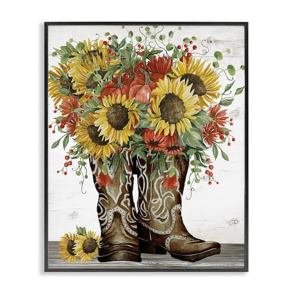 Stupell Industries Sunflowers in Western Boots by Cindy Jacobs Black Framed Nature Giclee Art Print 14 in. x 11 in.