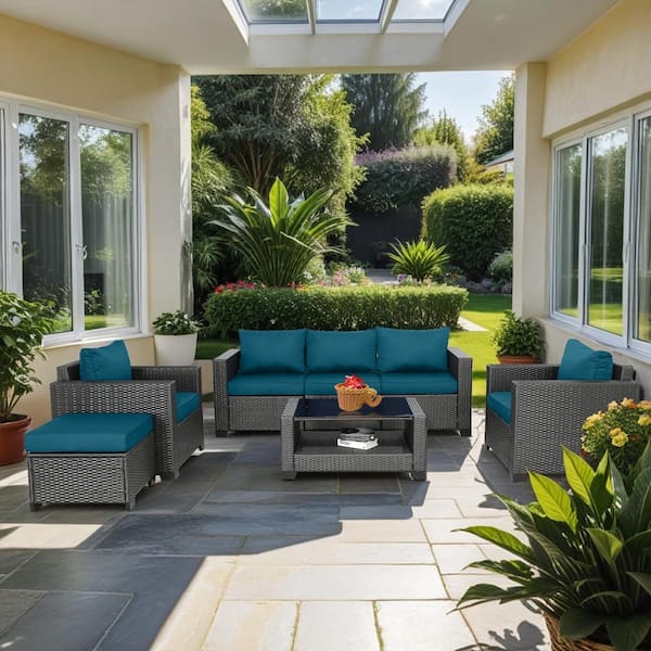 Unbranded Black7-Piece Wicker Outdoor Sectional Set with Peacock Blue Cushions and Table