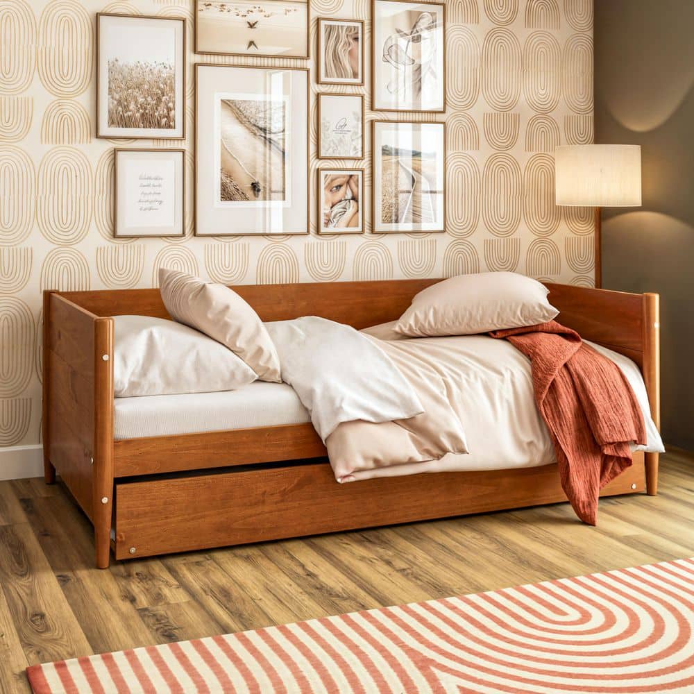 Mid-Century Pine Twin Daybed with Trundle and Wood Slats