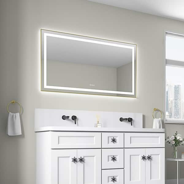 55 in.W x 30 in.H Rectangular Framed Anti-Fog Dimmable Front and Backlit LED Wall Bathroom Vanity Mirror in Brushed Gold