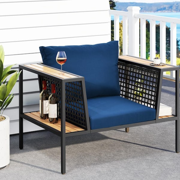 DEXTRUS Black Wicker Outdoor Patio Lounge Chair with Deep Blue Cushions