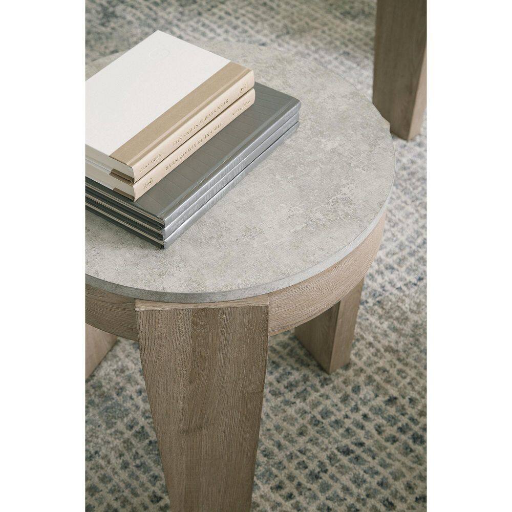 Light Brown and Gray Round Faux Cement Coffee and End Table Set