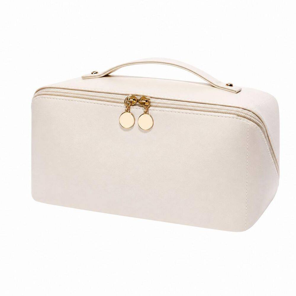 Travel Makeup Bag in AF-Beige, Large Capacity Cosmetic Bag for Women, Waterproof, Flat Open Portable Toiletry Bag