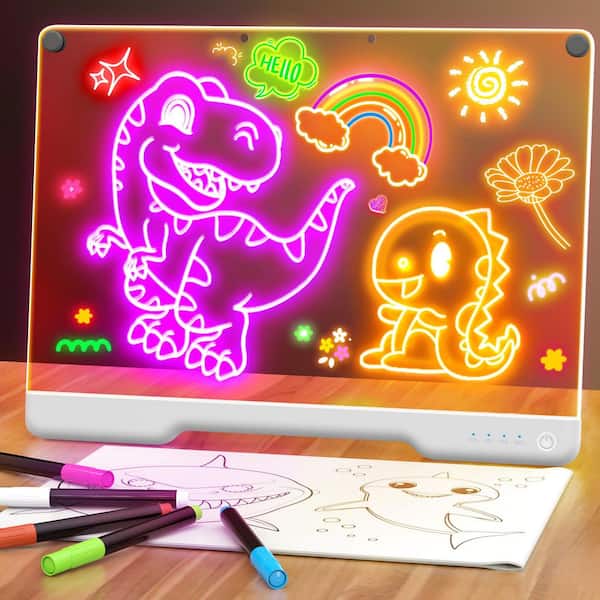 16-Inch LED Drawing Board w/ 7-Color Light, Rechargeable Neon Art Dry Erase Pad, Built-in Stand, 5 Markers&Tracing Book