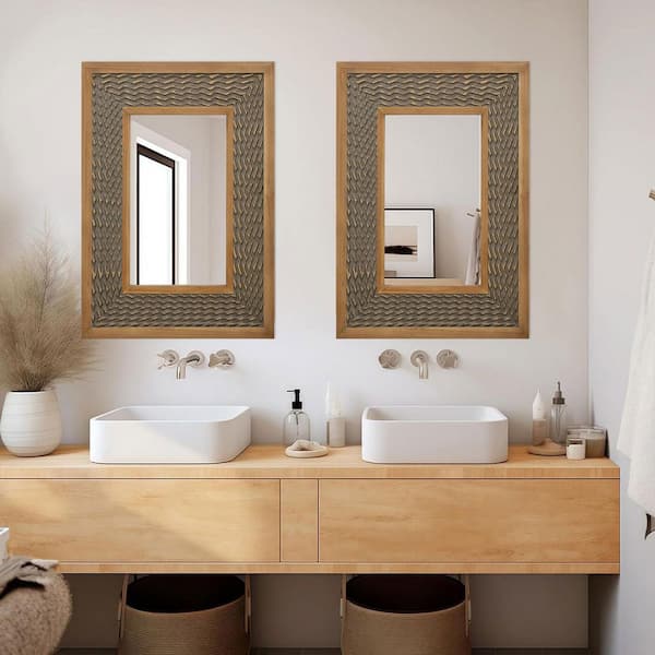 24 in. W x 35 in. H Bohemian Rectangular Wood Frame Light Rustic Art Deco Wall Mirror Decorative Mirror