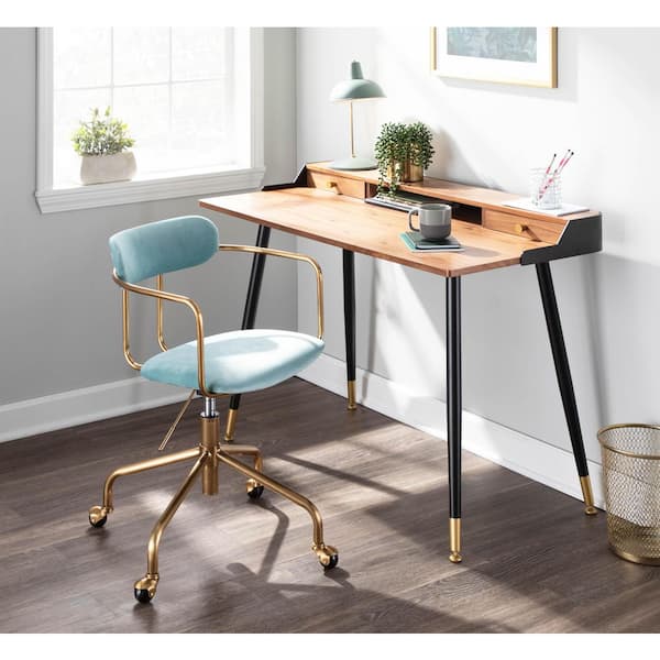 Contemporary Office Chair in Gold Metal and Light Blue Velvet