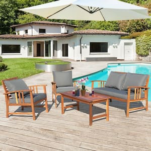 4-Piece Wooden Patio Conversation Set with Gray Chair Cushioned Garden