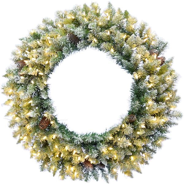 Fraser Hill Farm Prelit Frosted Door Hanging with Pinecones with Warm , White LED Lightning , Green Artificial Plant & Flower Wreaths 36"