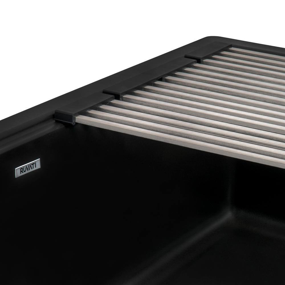 Midnight Black Granite Farmhouse Workstation Sink with Accessories
