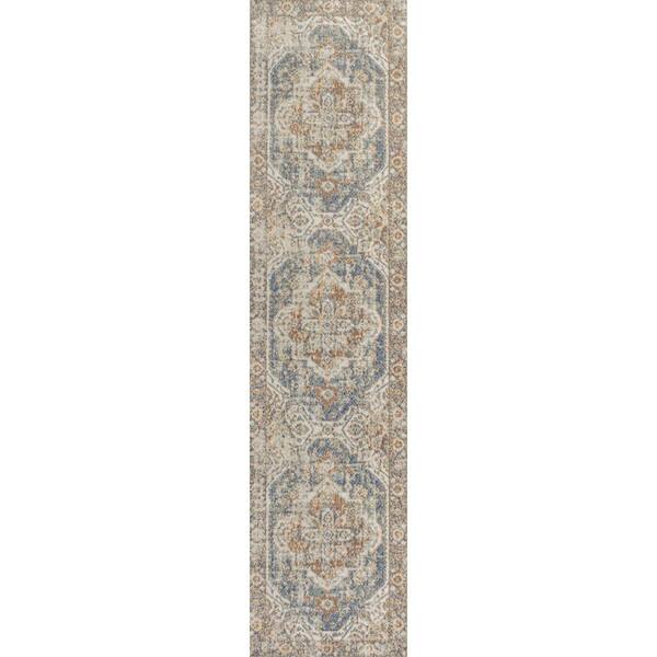 Keesha Bold Distressed Medallion Low-Pile Machine-Washable Blue/Cream 2 ft. x 8 ft. Runner Rug