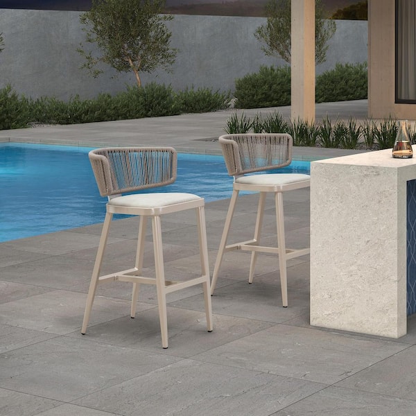 PURPLE LEAF Modern Aluminum Outdoor Bar Stool Magnalium Button Rope Kelley Patio Bar Stool with Backrest and Cushion (Set of 2)