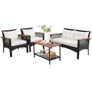 4-Piece Wicker Patio Conversation Set with Off White Cushion