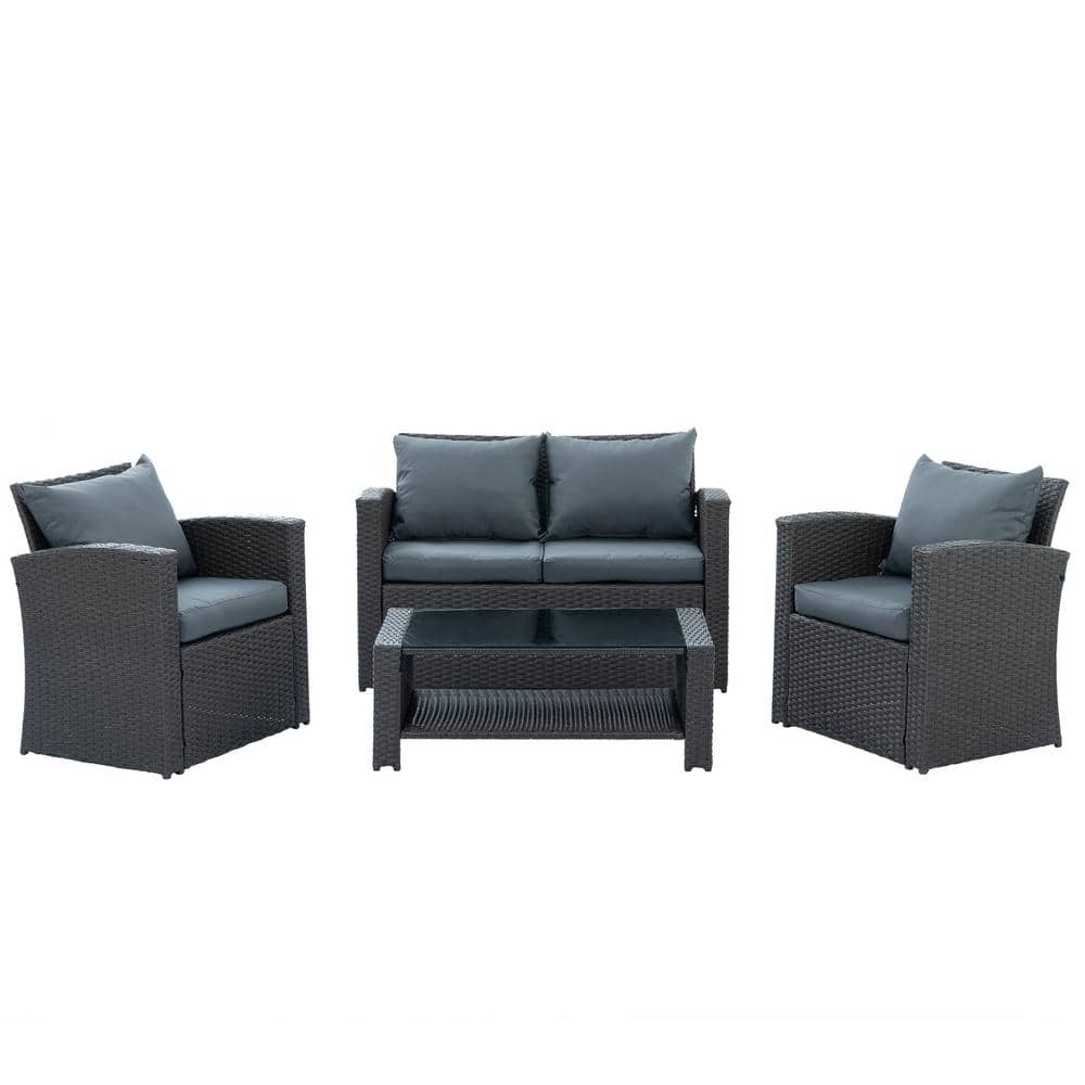 4-Piece Wicker Patio Conversation Set with Cushions, Gray